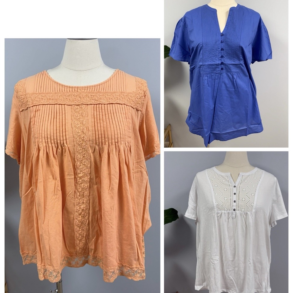 NWOT Woman Within Mixed Style Blouse Lot (3) Plus 3X White PeachBlue Shirt Top